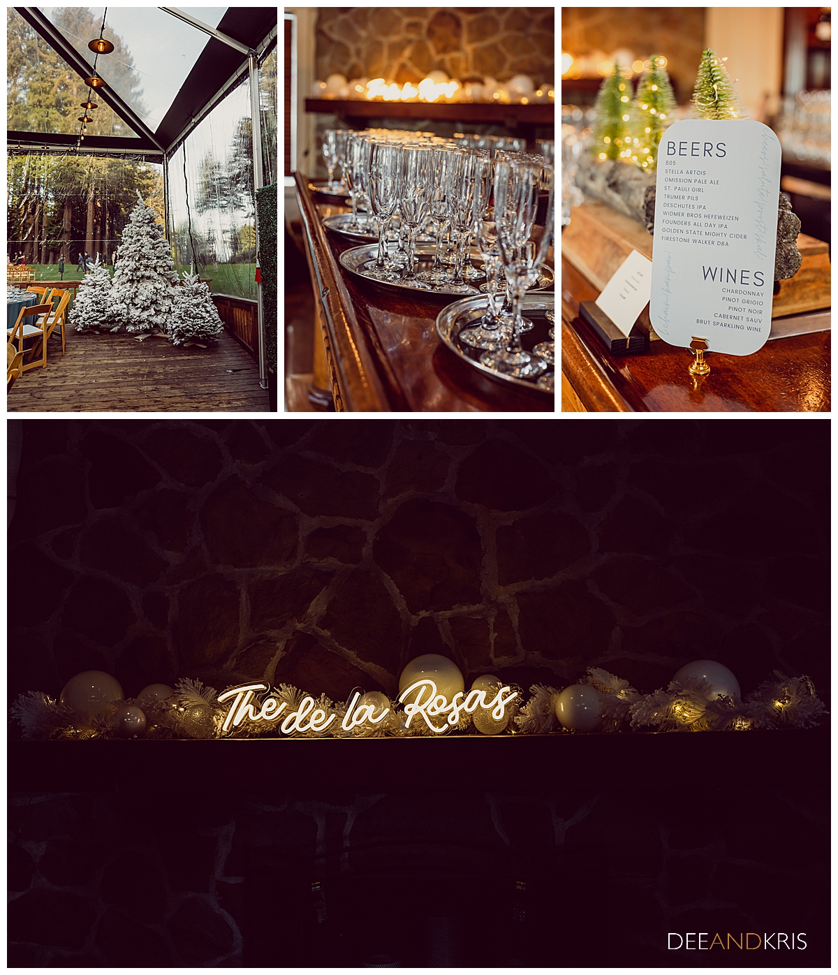 Four images: Top left image of flocked fir trees of various sizes. Top Middle image of wine glasses shining in the light. Top right image image of drink menu. Bottom image of custom made neon sign personalized with couple's last name.