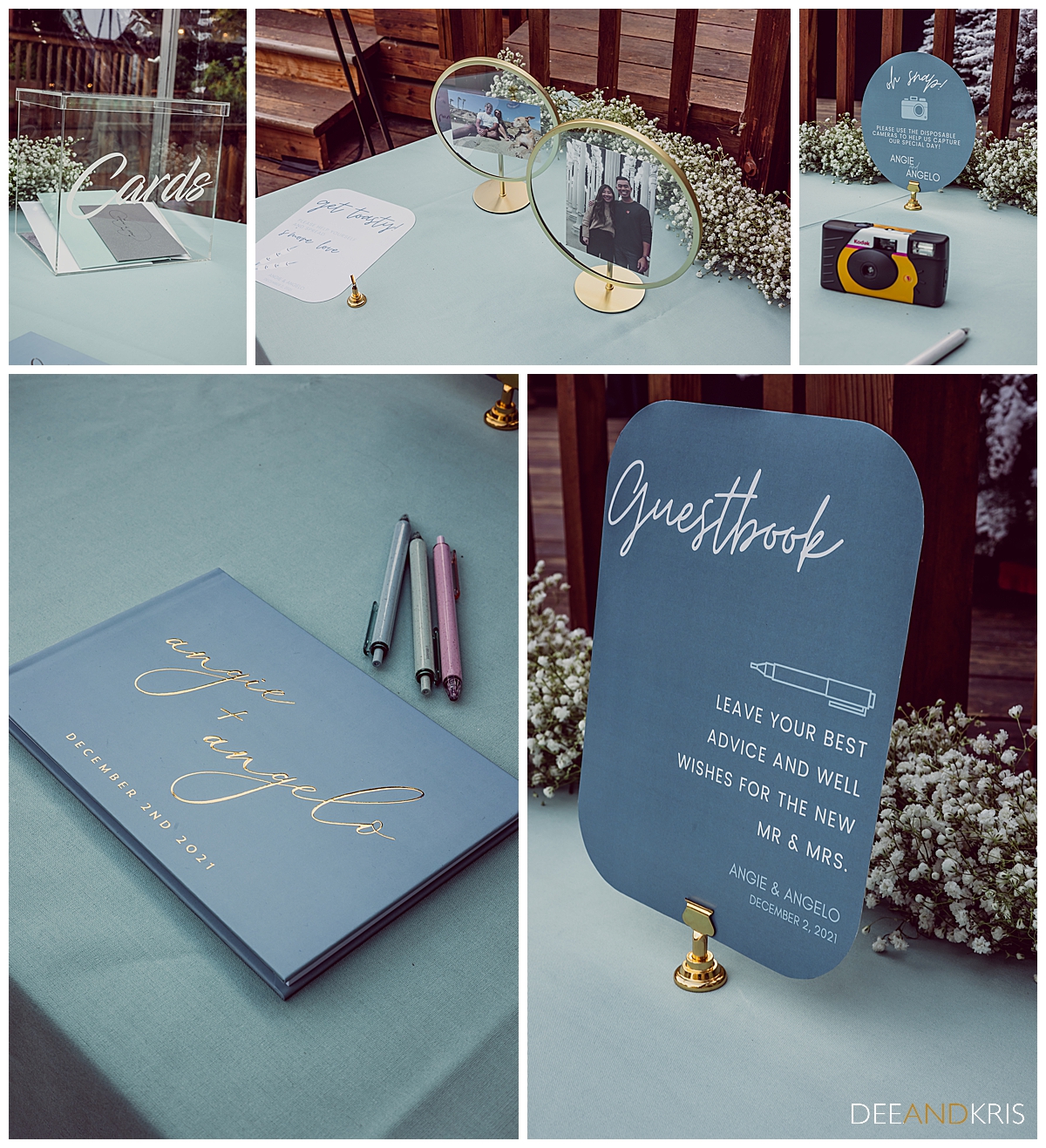 Five images of guest sign-in book and selfie station.