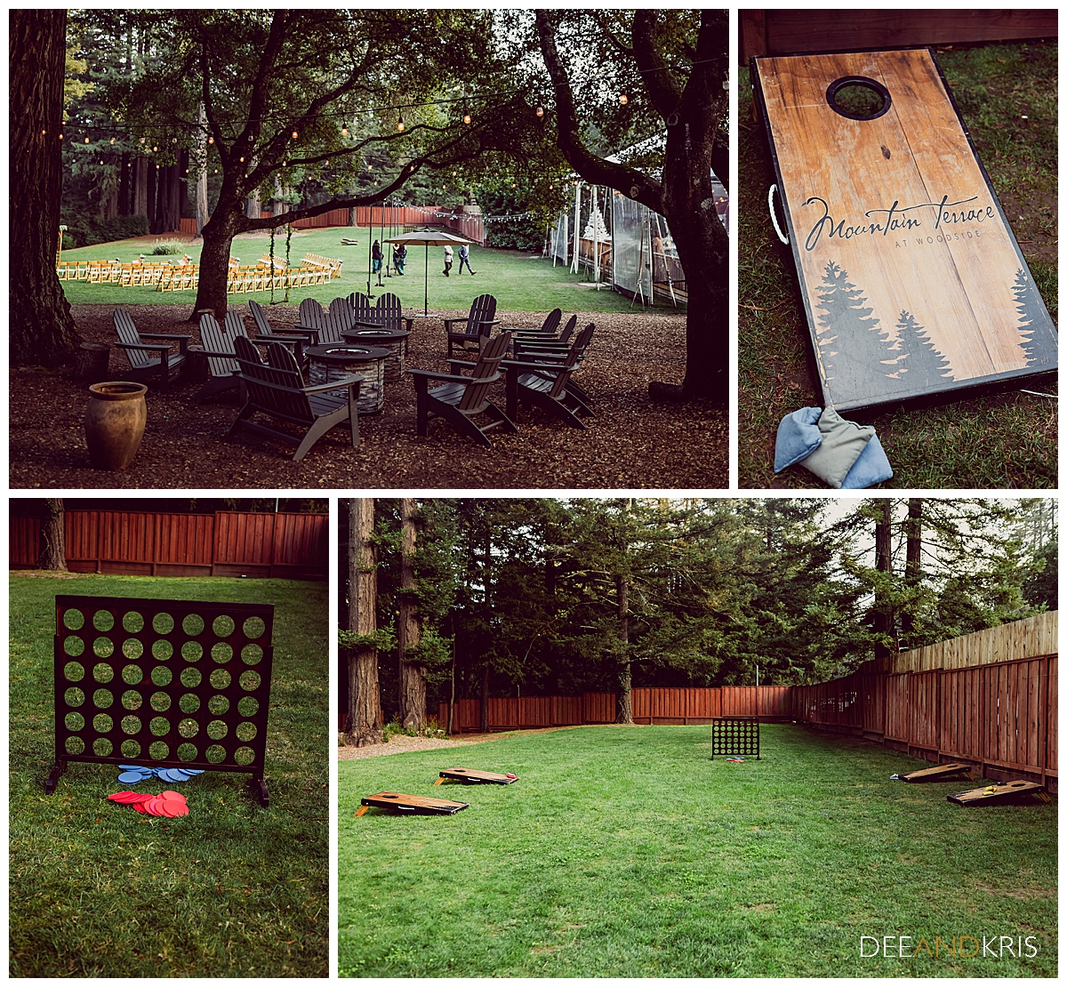 Four images of venue games and seating; adirondack chairs around a firepit, cornhole games, and giant connect four game. 