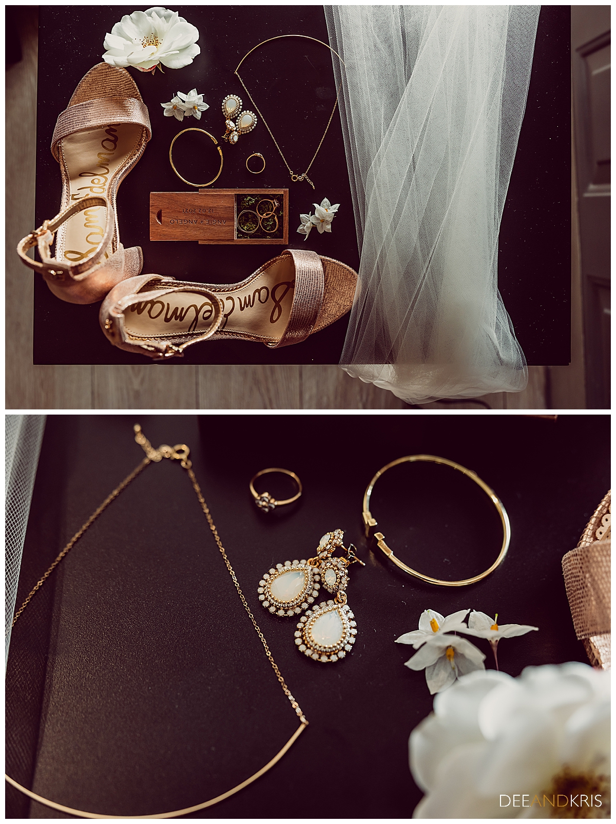 Two images: top image of details layflat spread showing shoes, veil, rings, jewelry and flowers. Bottom image close up of jewelry; necklace, earrings, and bracelet.