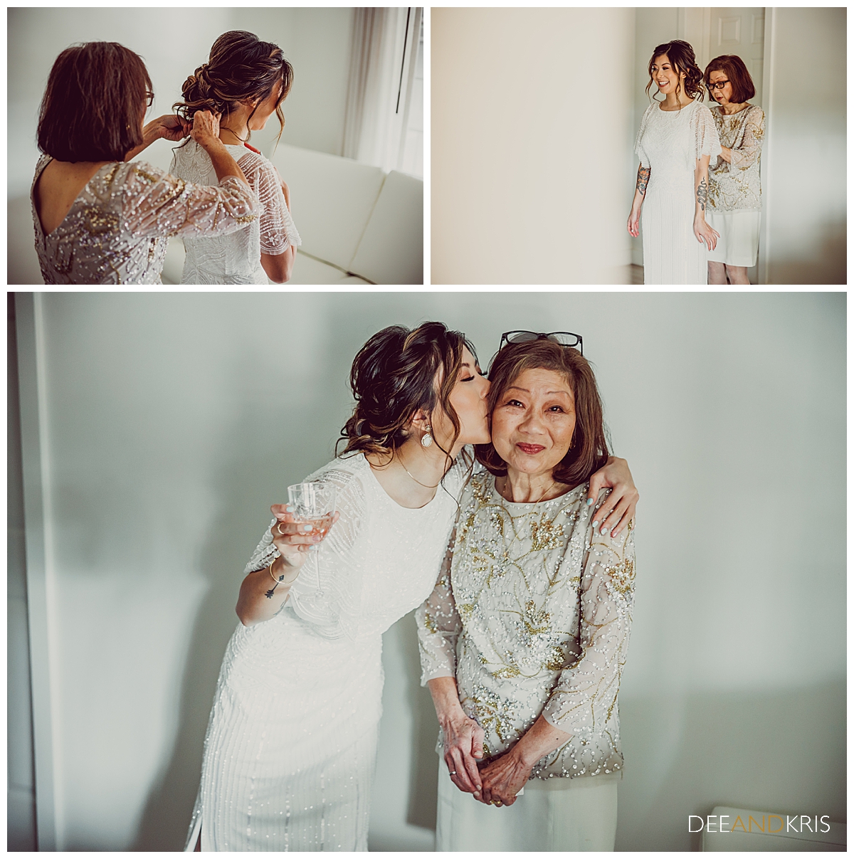 Three images: top left image of mother of bride helping put bride's necklace on. Top right image of mother of bride zipping bride into gown. Bottom image of bride kissing her mother's cheek while mother looks at camera with a smile.