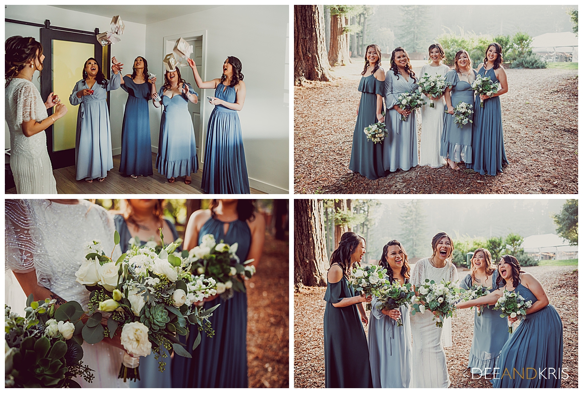 Four images: Top left image of bridesmaids tossing gift bags into the air as bride looks on. Top right posed image of bridesmaids and pride holding bouquets. Bottom left image close-up of bouquets. Bottom right image of bridesmaids and bride laughing.