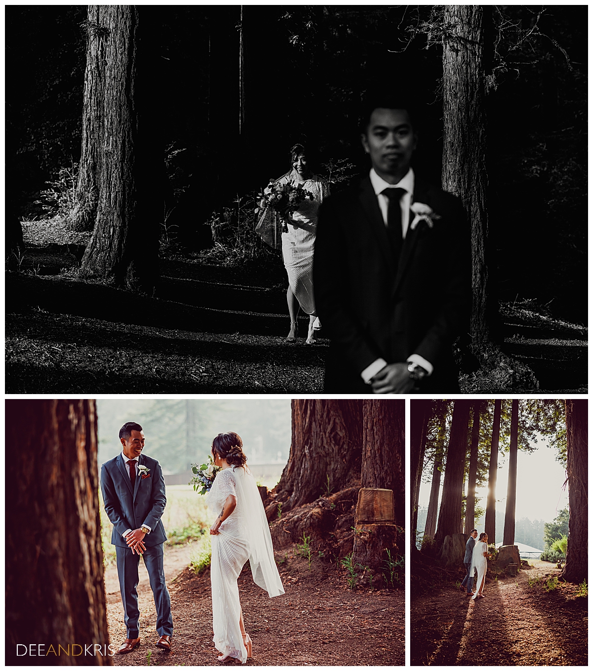 Three images: top black and white image of bride approaching groom from behind. Bottom left image of groom turning around to see his bride. Bottom right image of bride and groom looking back at camera walking through redwood trees,