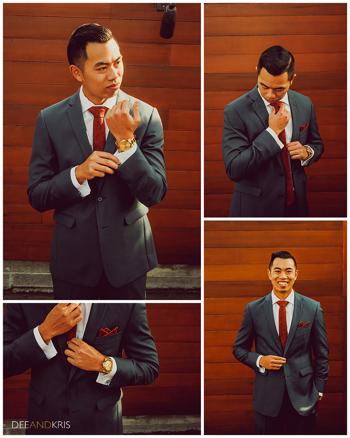 Four images: Top right images of groom adjusting cufflinks. Top right image of groom adjusting tie while looking down.  Bottom left image of groom's watch. Bottom right image of groom with hand in pocket, smiling, and looking at camera.