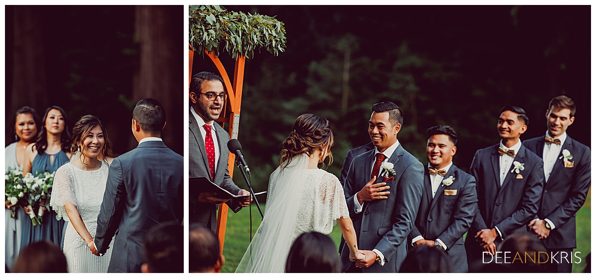 Two images: Left image of bride smiling at groom as they hold hands. Right image of groom smiling at bride as he holds his heart.
