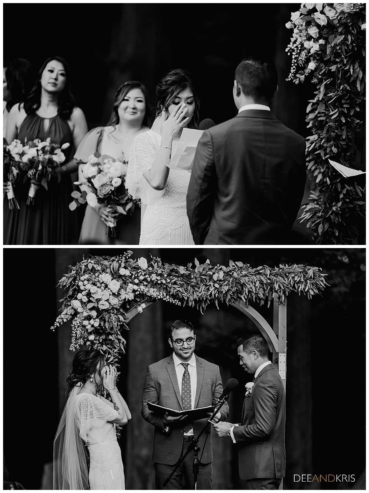 Two black and white images: top image of bride reading her vows as she wipes away tears. Bottom image of groom reading vows as bride laughs.