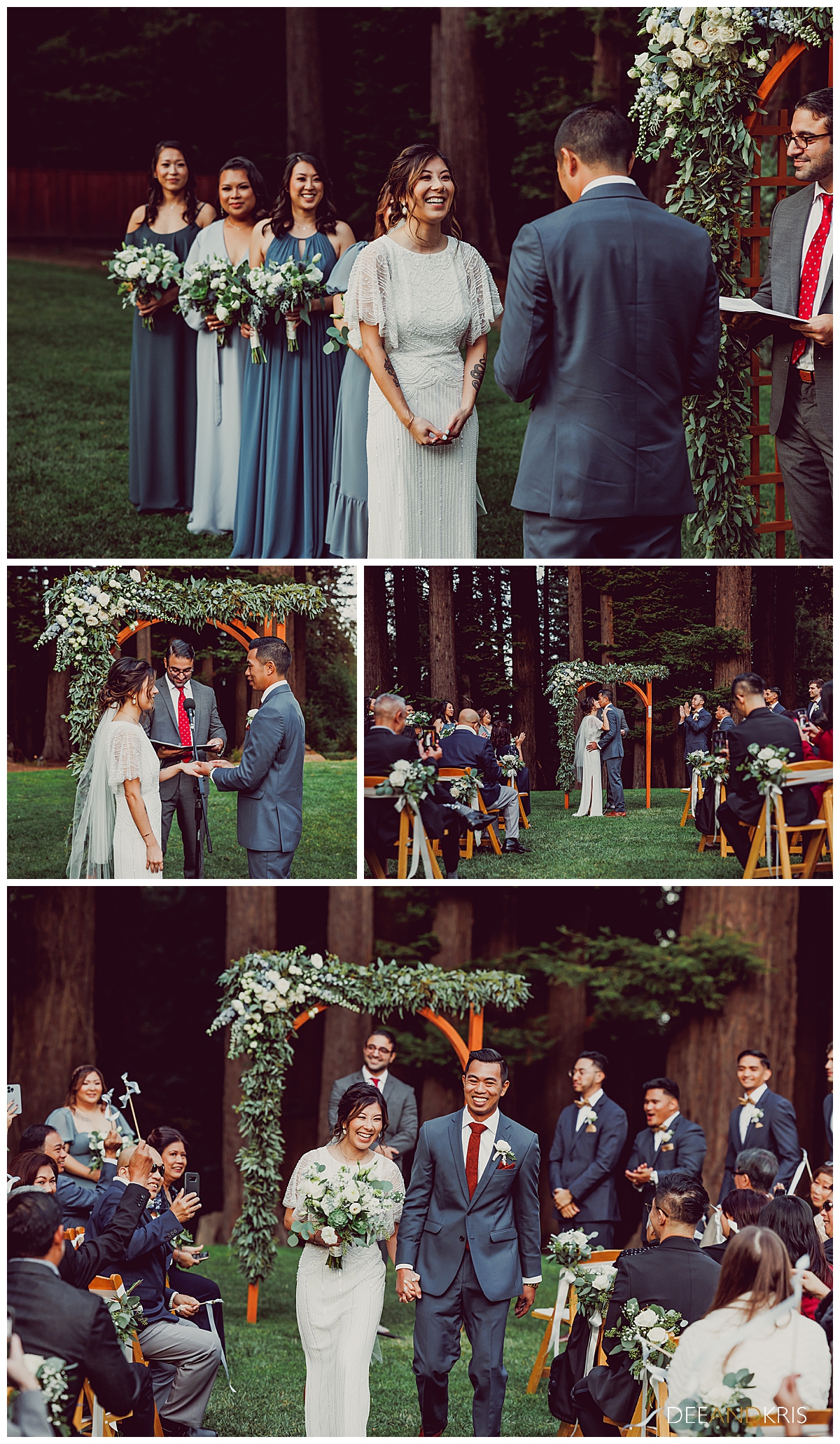 Five images: top image of bride laughing as she looks at groom and bridesmaids look on.  Middle left image of groom placing ring on bride's finger. Middle right image of first kiss. Bottom image of bride and groom in recessional smiling at guests.