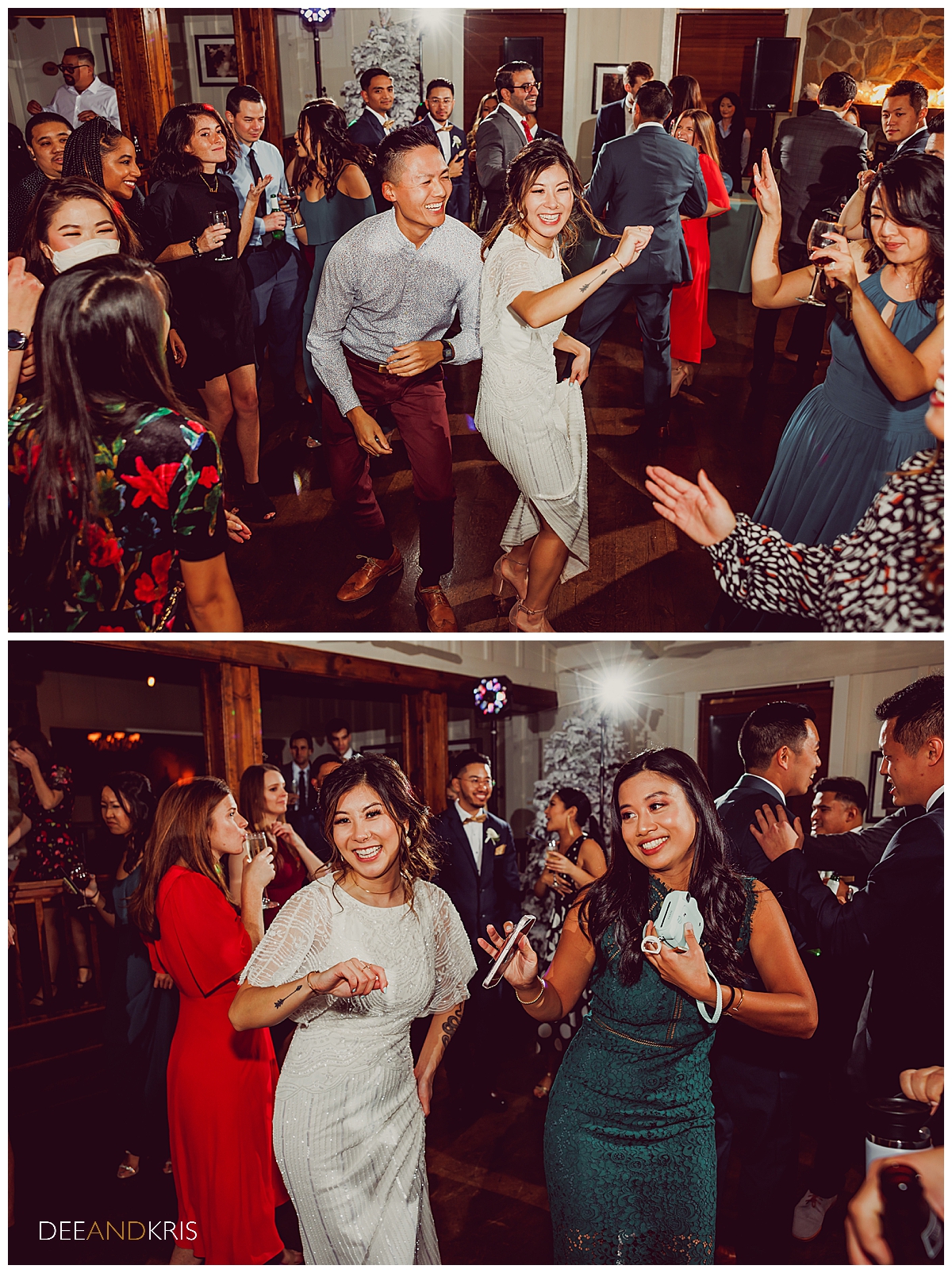 Two images of bride dancing with guests.