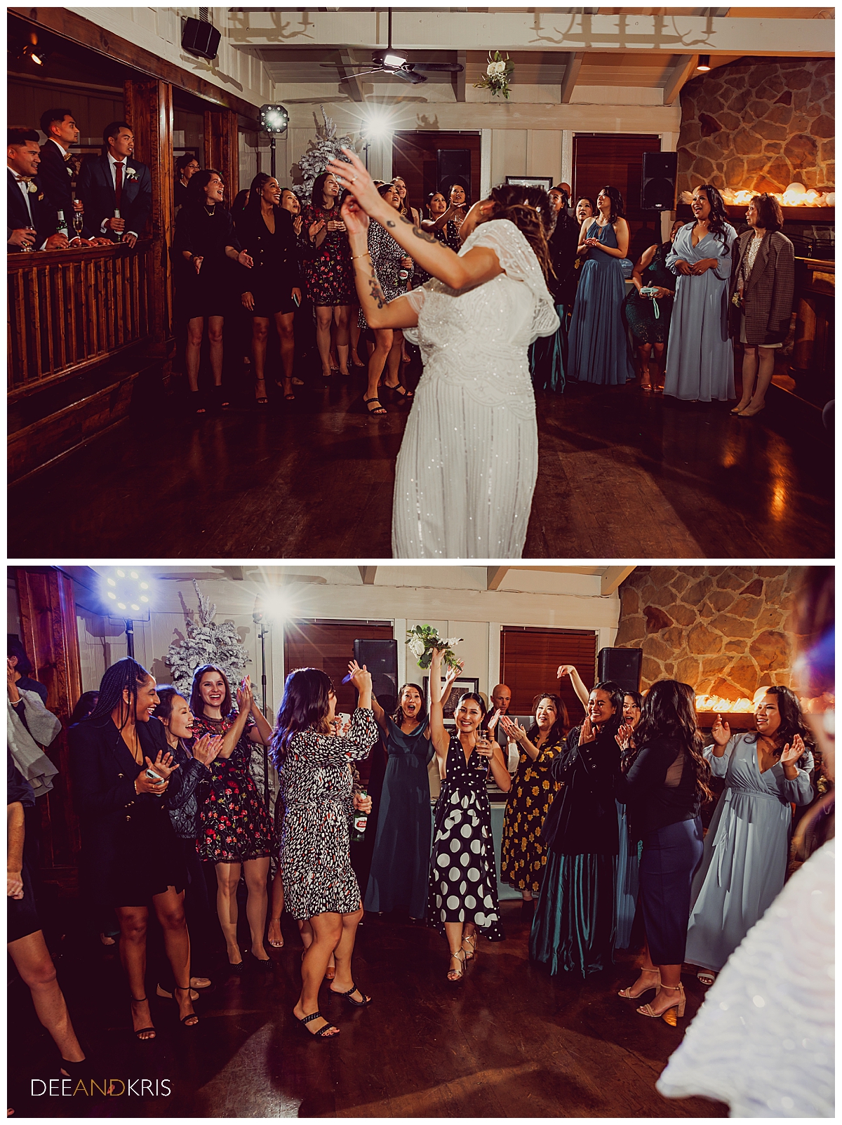 Two images of of bouquet toss.