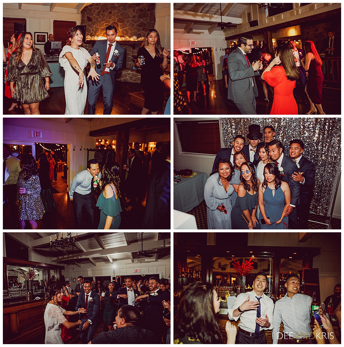 Six images of guests dancing and laughing and taking photo booth images.
