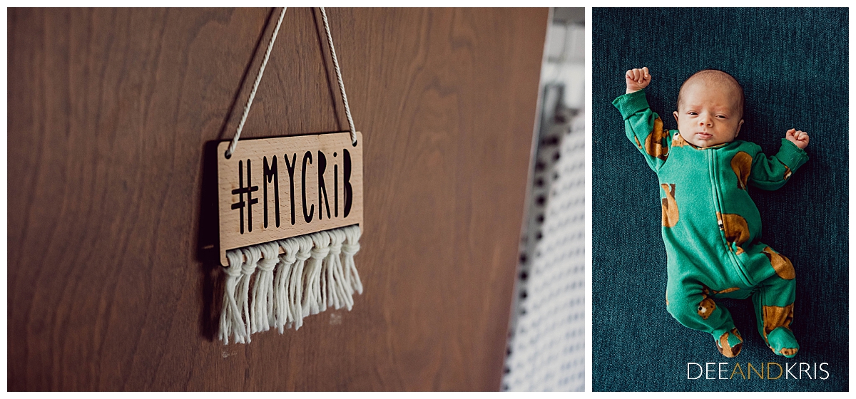 Two images: left image of macrame sign that reads #mycrib. Right image of newborn in at-home newborn session.