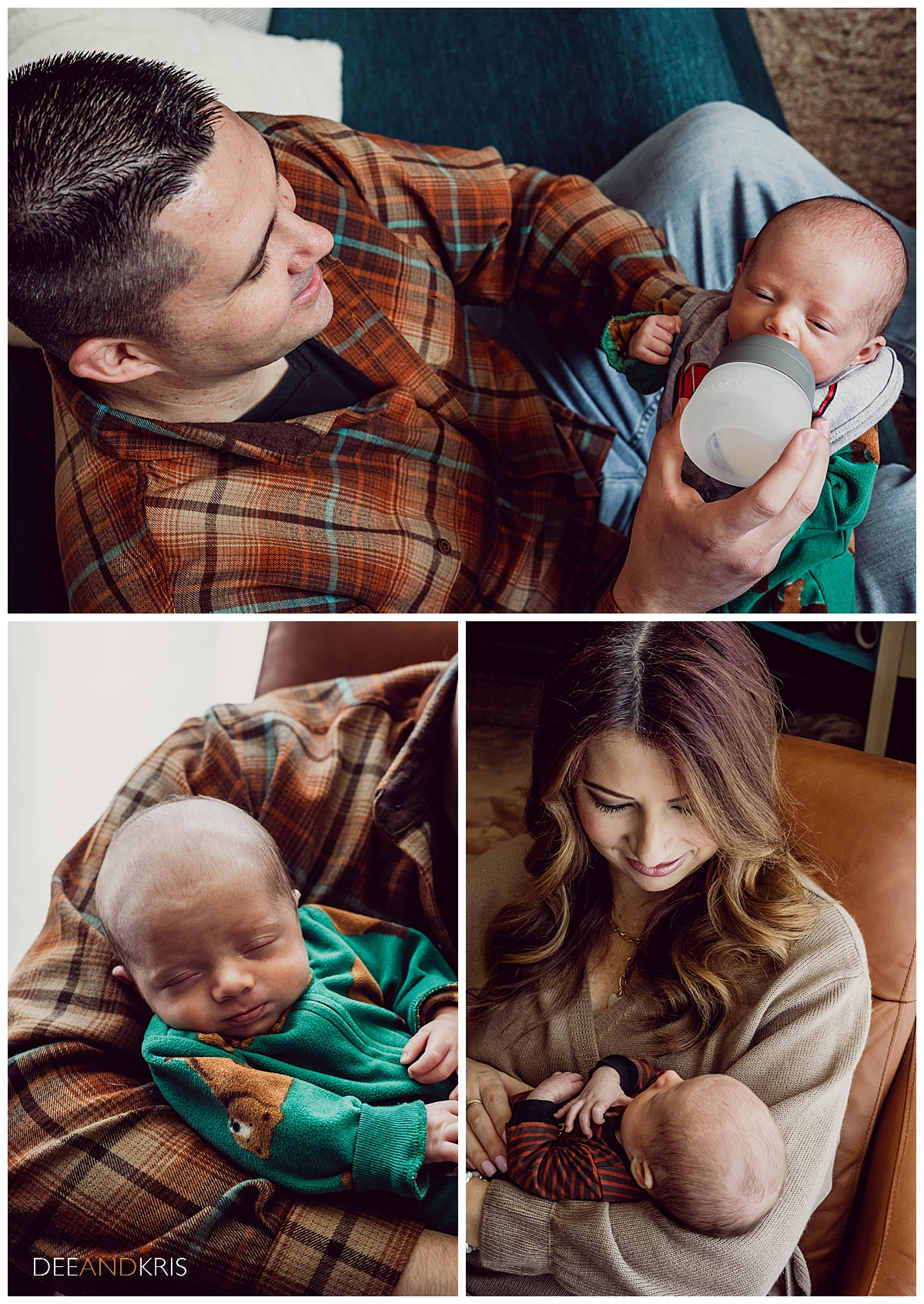 Three images: Top image of elevated view of dad feeding baby. Bottom left image close-up of baby in dad's arms. Bottom right image of mom looking at baby as she holds him.