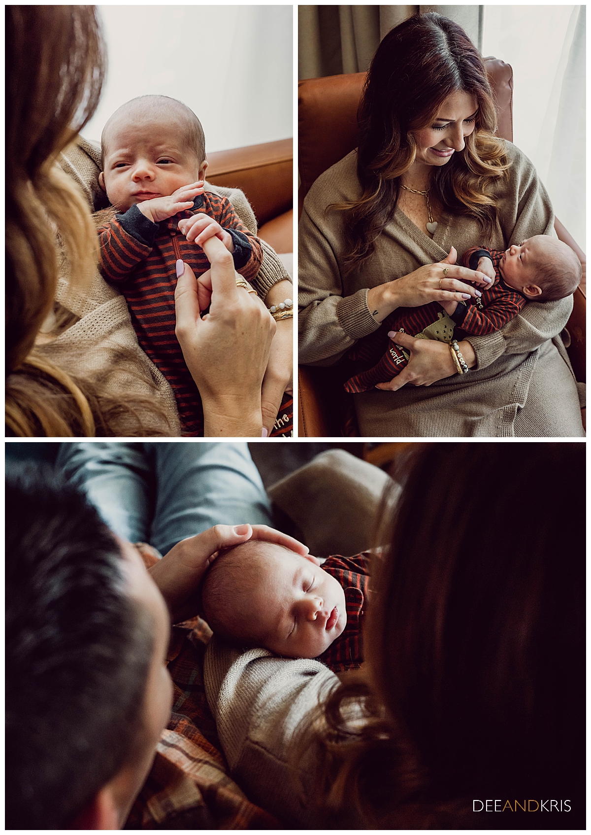 Three images: Top left image of baby holding mom's finger. Top right image of Mom rocking baby next to a window. Bottom image aerial view of both parents holding baby.