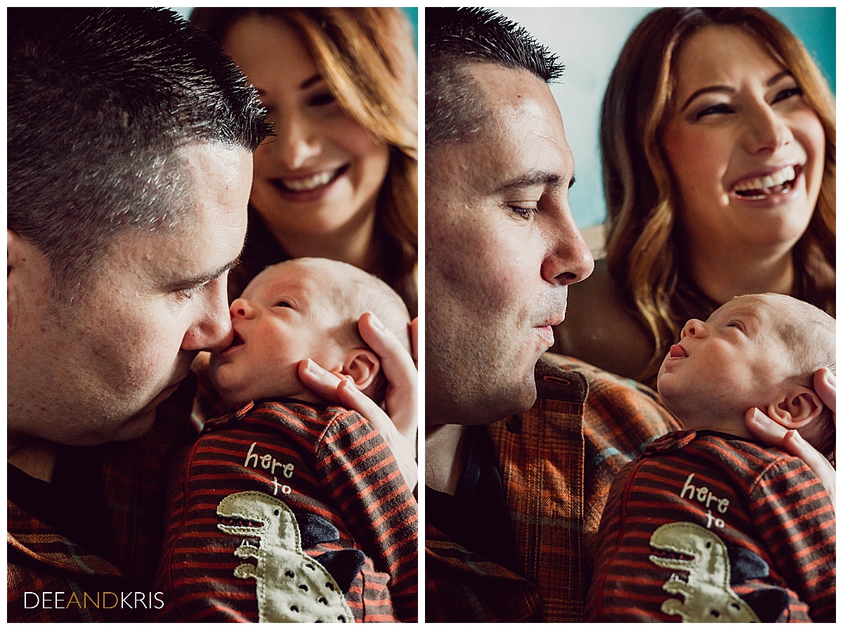 Two images of at-home newborn session. left image of baby sucking on dad's nose as mom looks on. right image of mom laughing as baby sticks tongue out at dad.