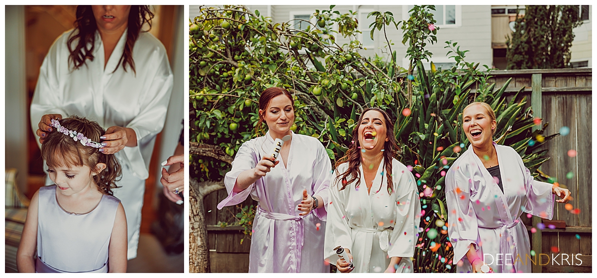 Two color images: left image of bride placing floral headband on flower girl's head. Right image of bride with bridesmaids in silk floral robes laughing as they pop confetti poppers. 