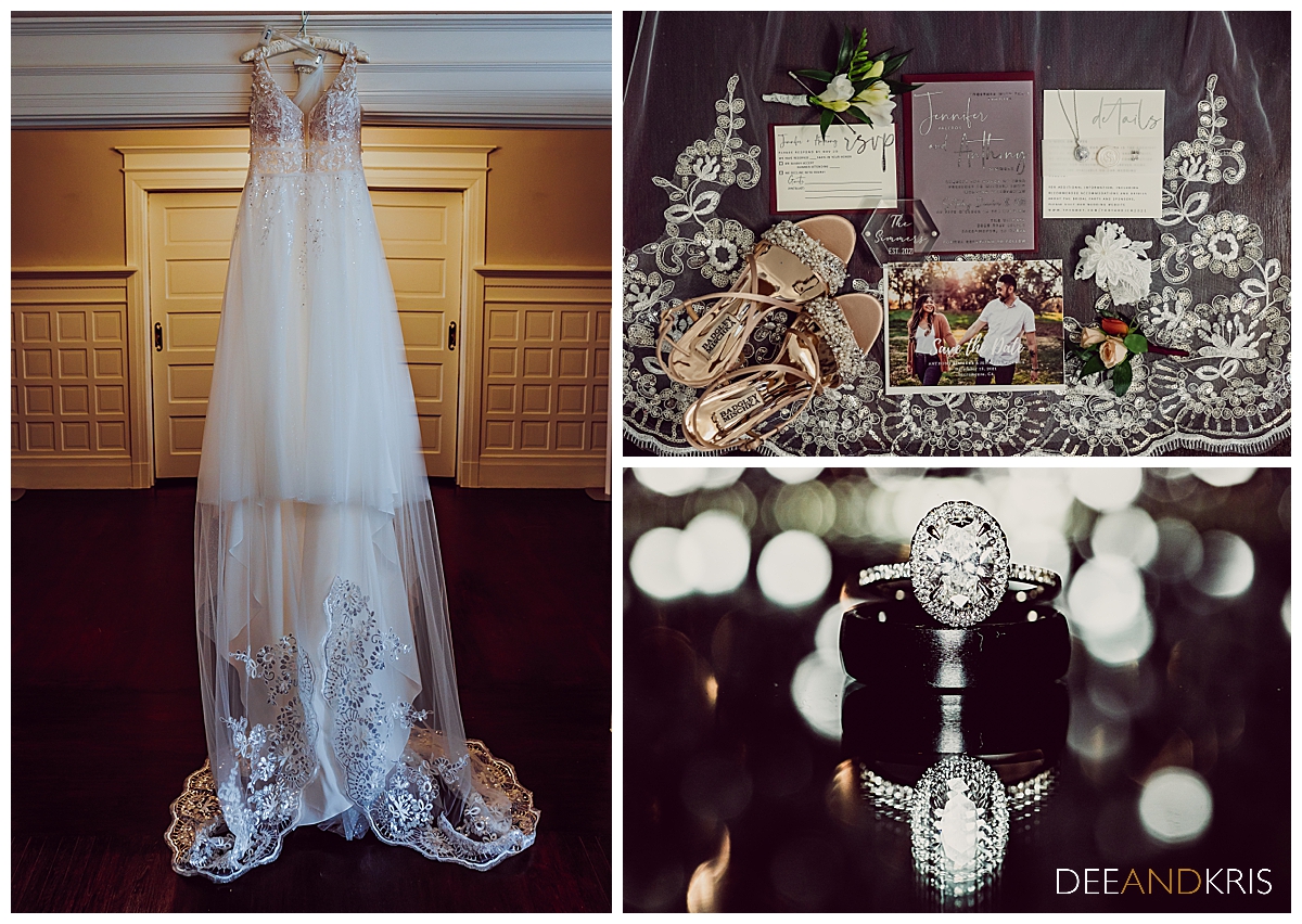 Three images: :eft image of dress handing in hallway. Right top image of layflat spread featuring wedding detail elements. Right bottom image of wedding rings in front of bokeh backdrop.