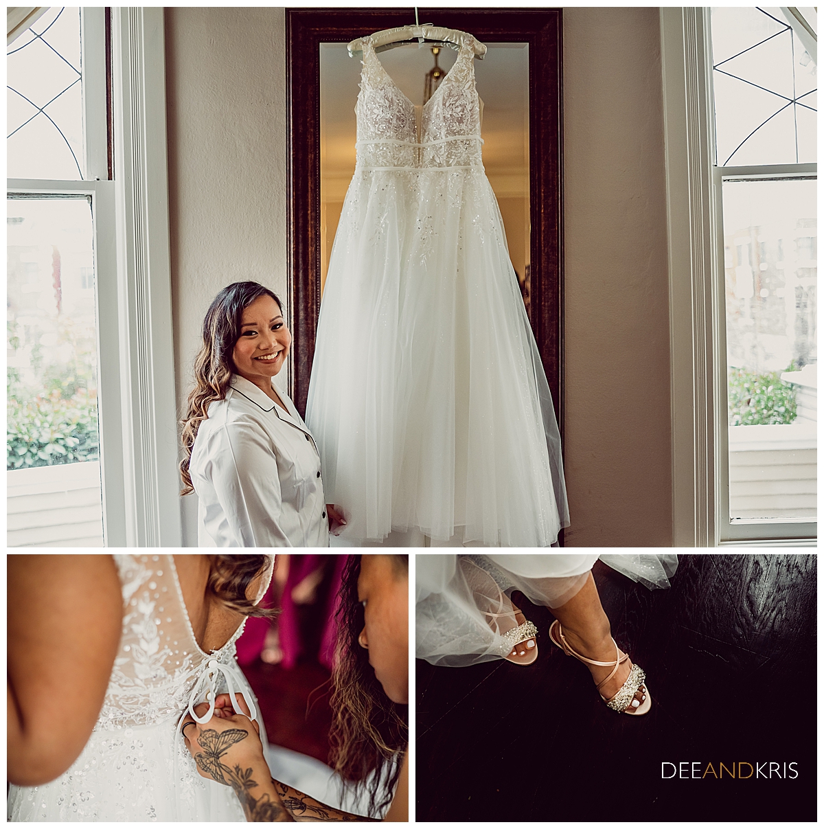 Three images: Top image of bride looking at camera standing next to wedding dress. Bottom left image of bridesmaid buttoning wedding dress bodice. Bottom right image of bride showing off shoes.