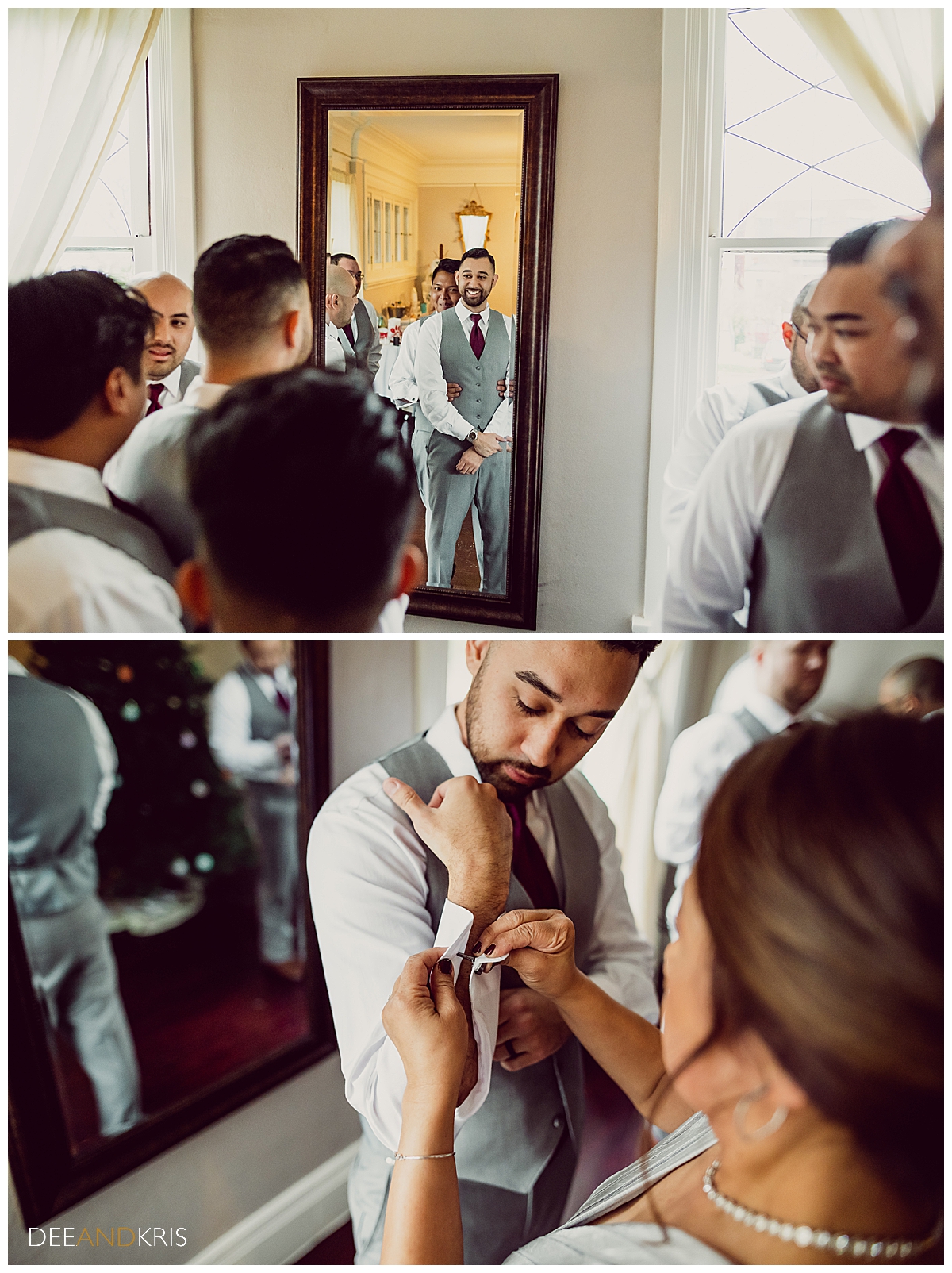 Two images: Top image of groom looking in mirror with groomsmen surrounding him. Bottom image of groom's mother helping with cufflinks.