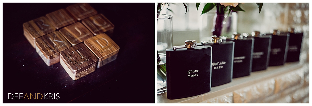 Two images: left image of groomsmen's monogrammed cufflink boxes in pyramid shape. Right image of groomsmen's personalized flasks.