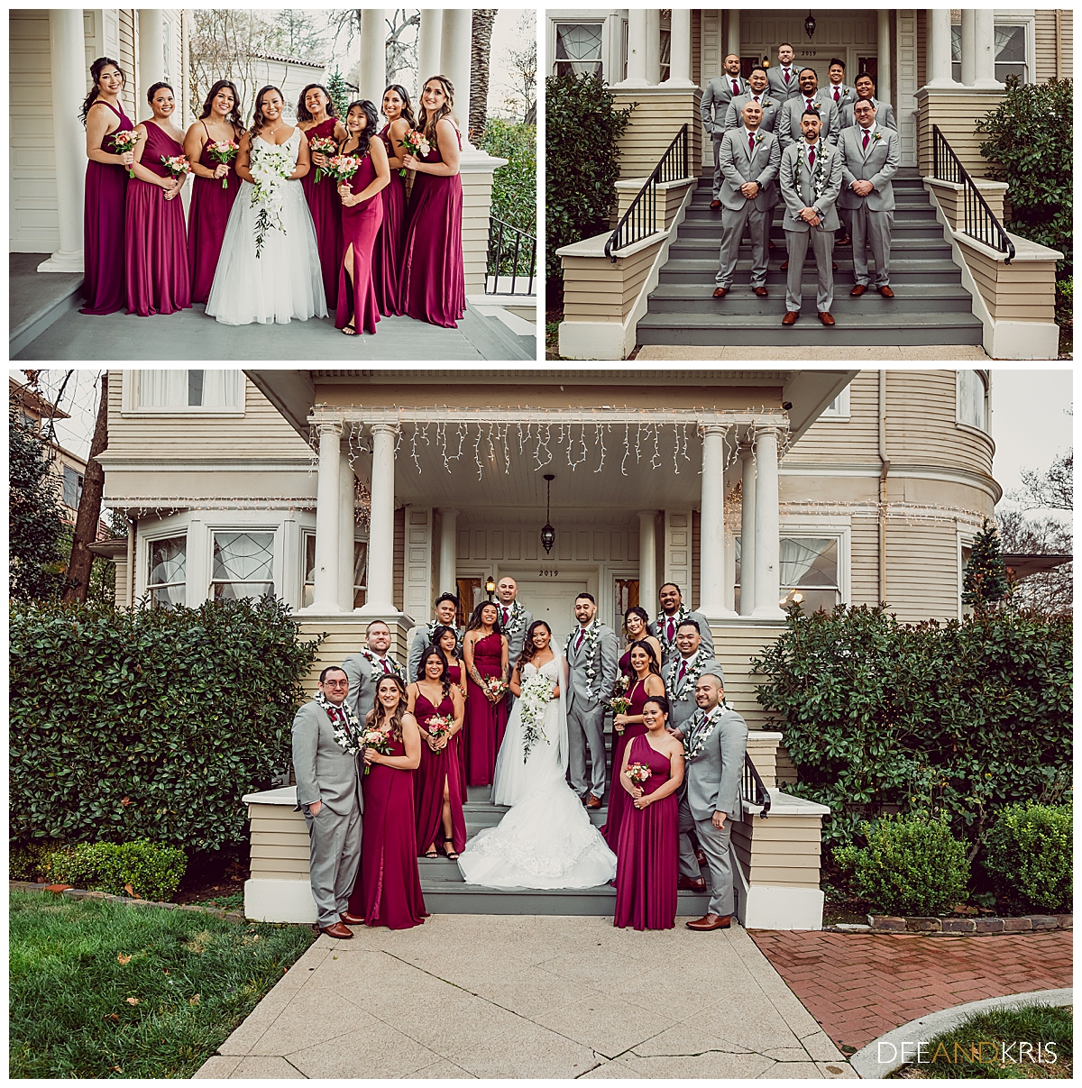 Three images: Top left image of bride and bridesmaids in burgundy dresses lined up with bouquets. Top right image of groom with groomsmen grouped on stairs.  Bottom image of entire wedding party grouped on stairs.
