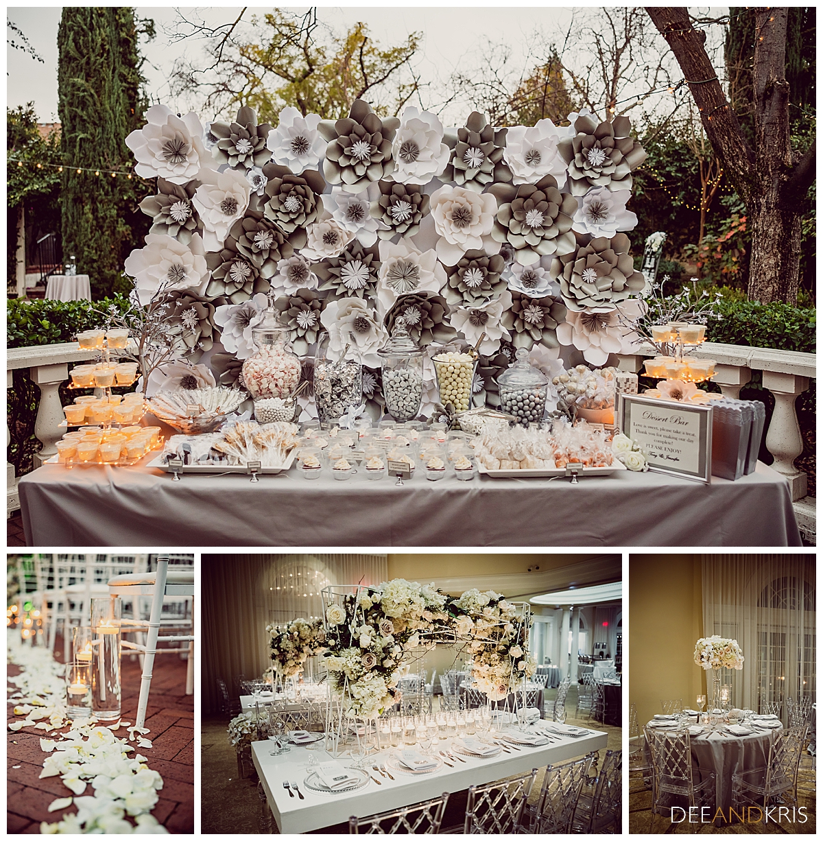 Four images: top image of sweets table in front of wall of flowers. Bottom left image of flower petals and glass candle vases lining aisle. Bottom center image of table setting and floral centerpiece. Bottom right image of round table setting and tall centerpiece.