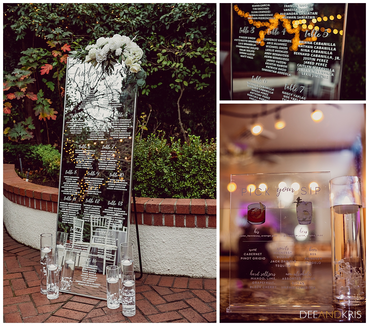 Three images of etched glass signs such as seating arrangement and signature drinks.