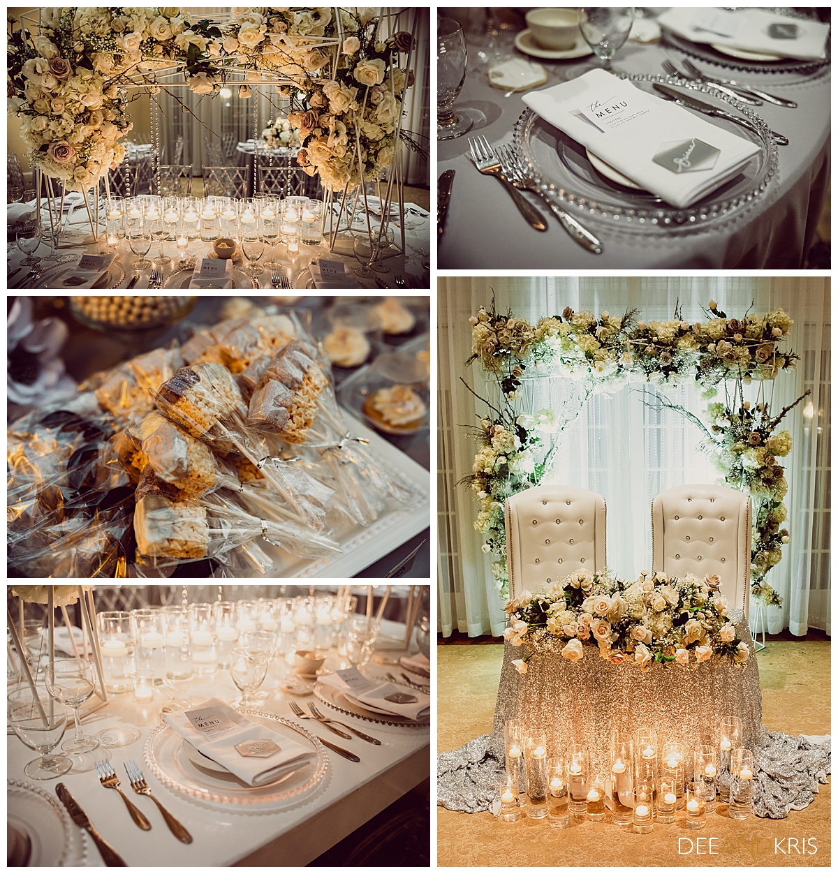 Five images: Top left image of table setting lit up and flanked in flowers. Left center image of s'more pop favors. Bottom left image of table setting litl of with twinkle lights, Top right image of charger and menu table setting. Bottom right image sweetheart's table.