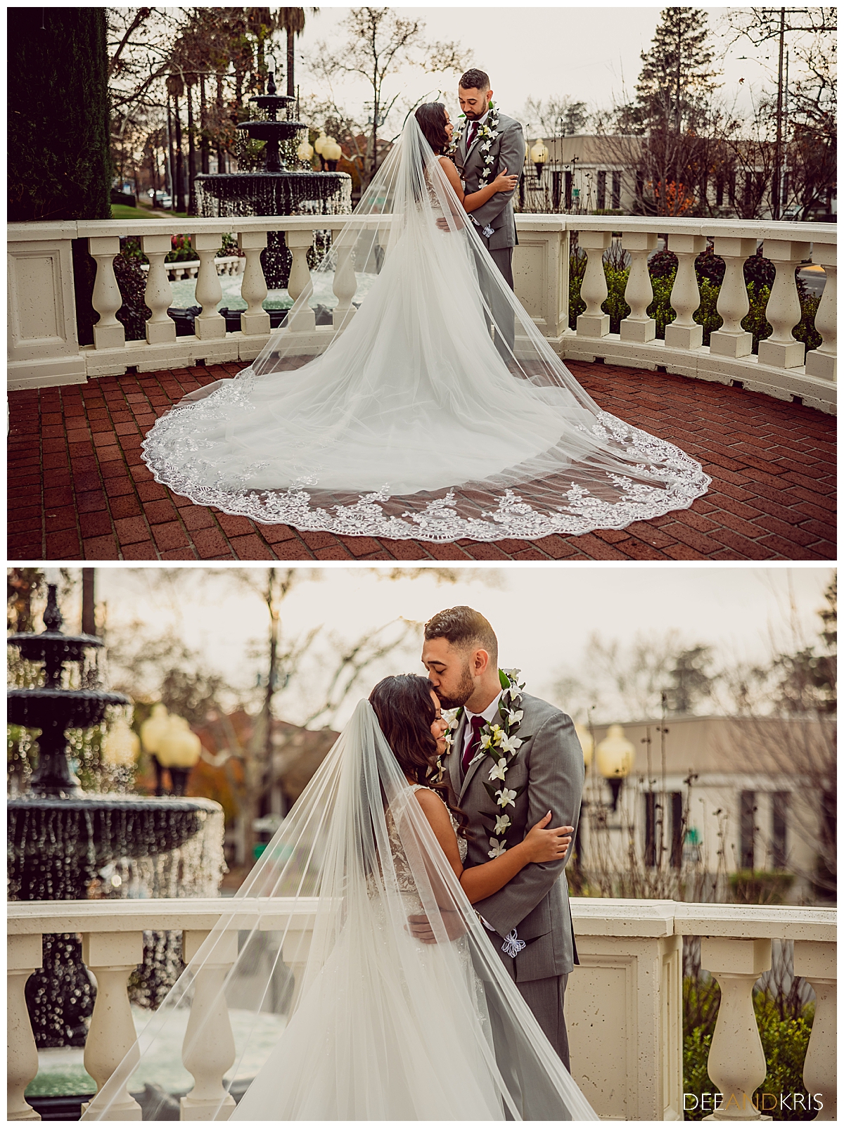 Two images: Top images of bride and groom standing on balcony with veil and train spread out in a circle. Bottom close-up image of groom kissing bride's forehead.