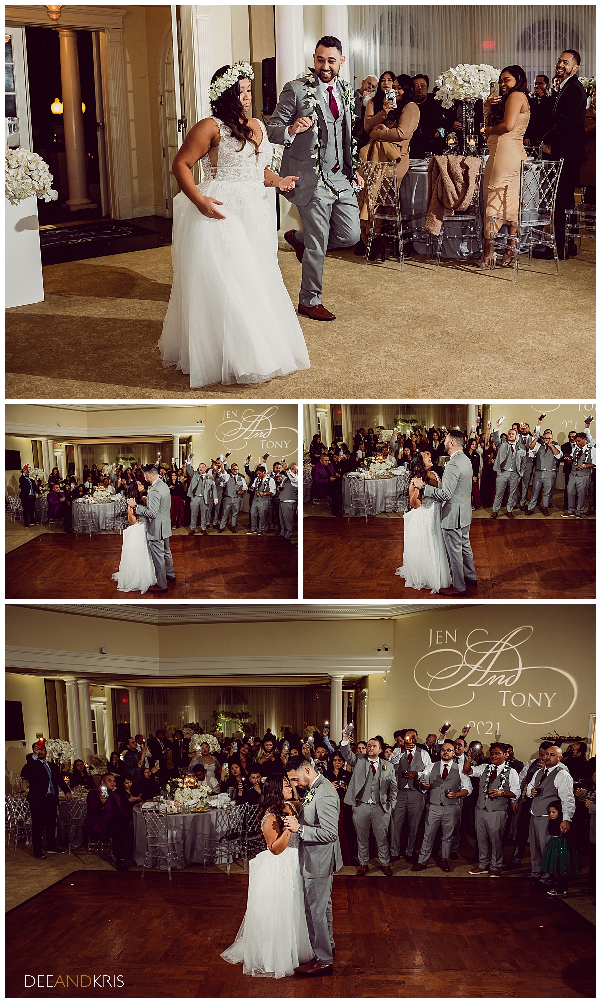 Four images of couple's first dance.