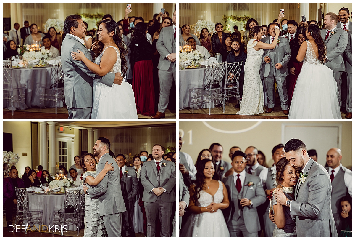 Four images: Top left image of bride dancing with father. Top right image of bride's mother's wiping bride's father's brow of sweat. Bottom left and bottom right images of groom dancing with mother. 