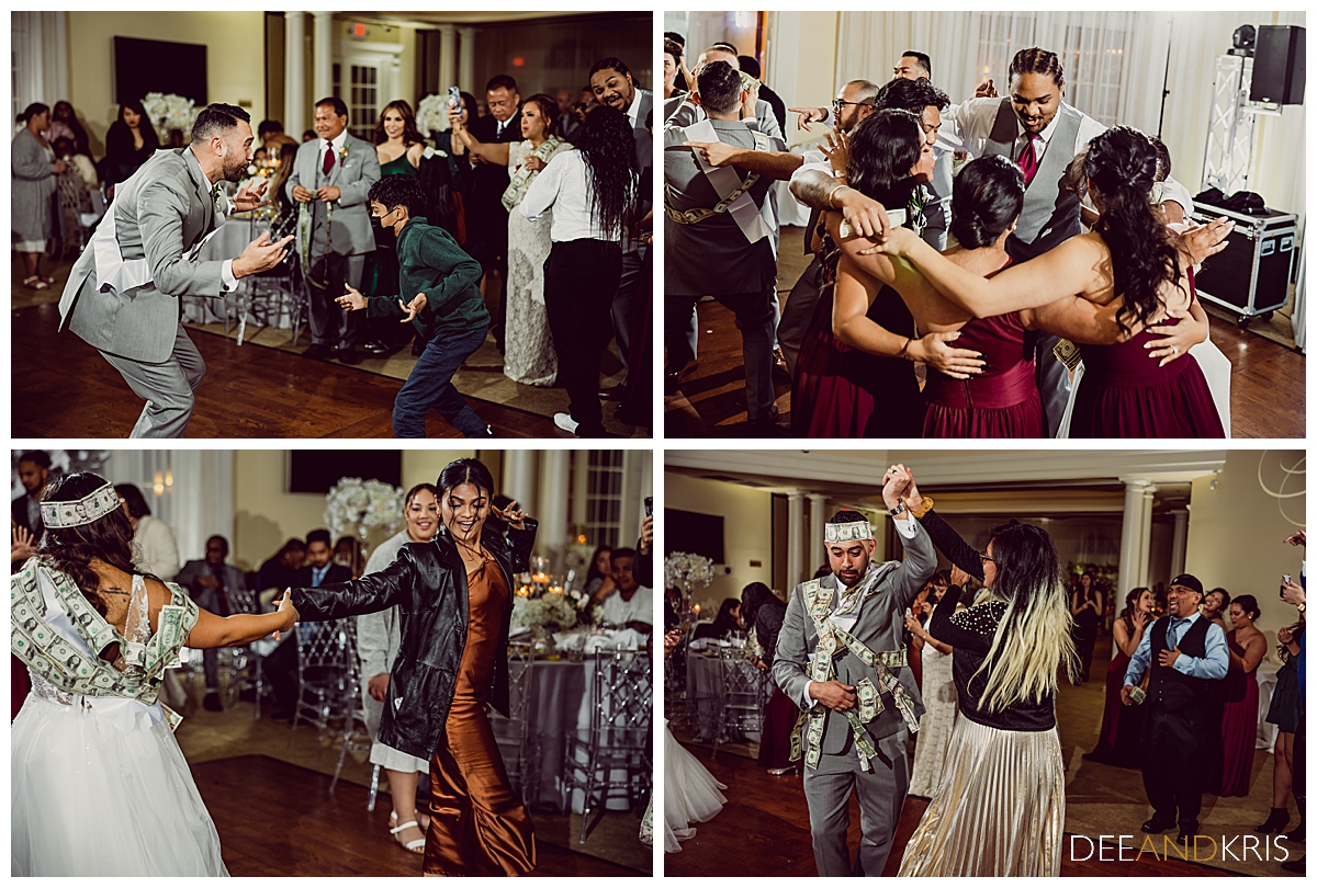 Four images of bride and groom with various guests during money dance.