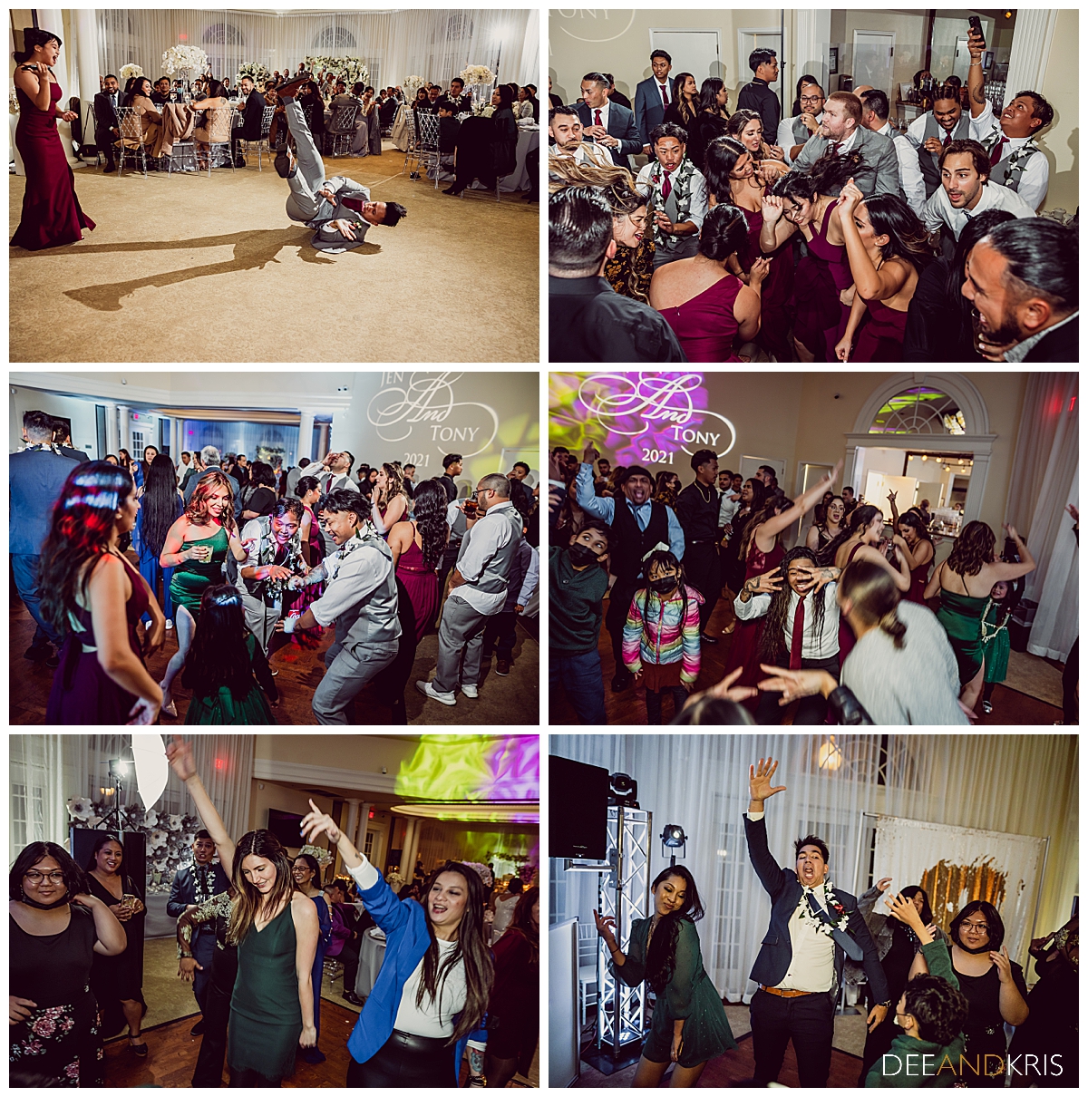 Six various images of guests dancing.