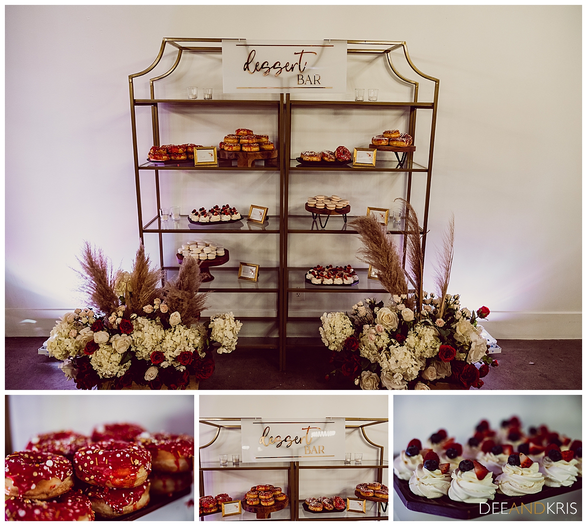 Four images of various desserts on dessert bar cart.
