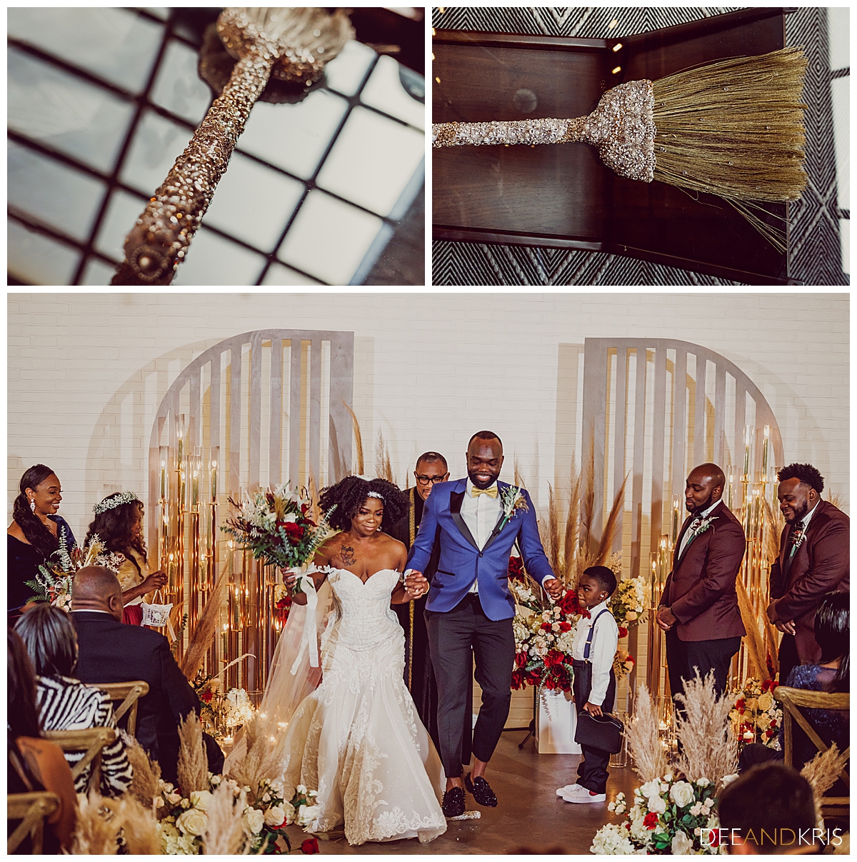 Three images: Top two images of bejeweled broom for Jumping the Broom ceremony. Bottom image of bride and groom jumping the broom.