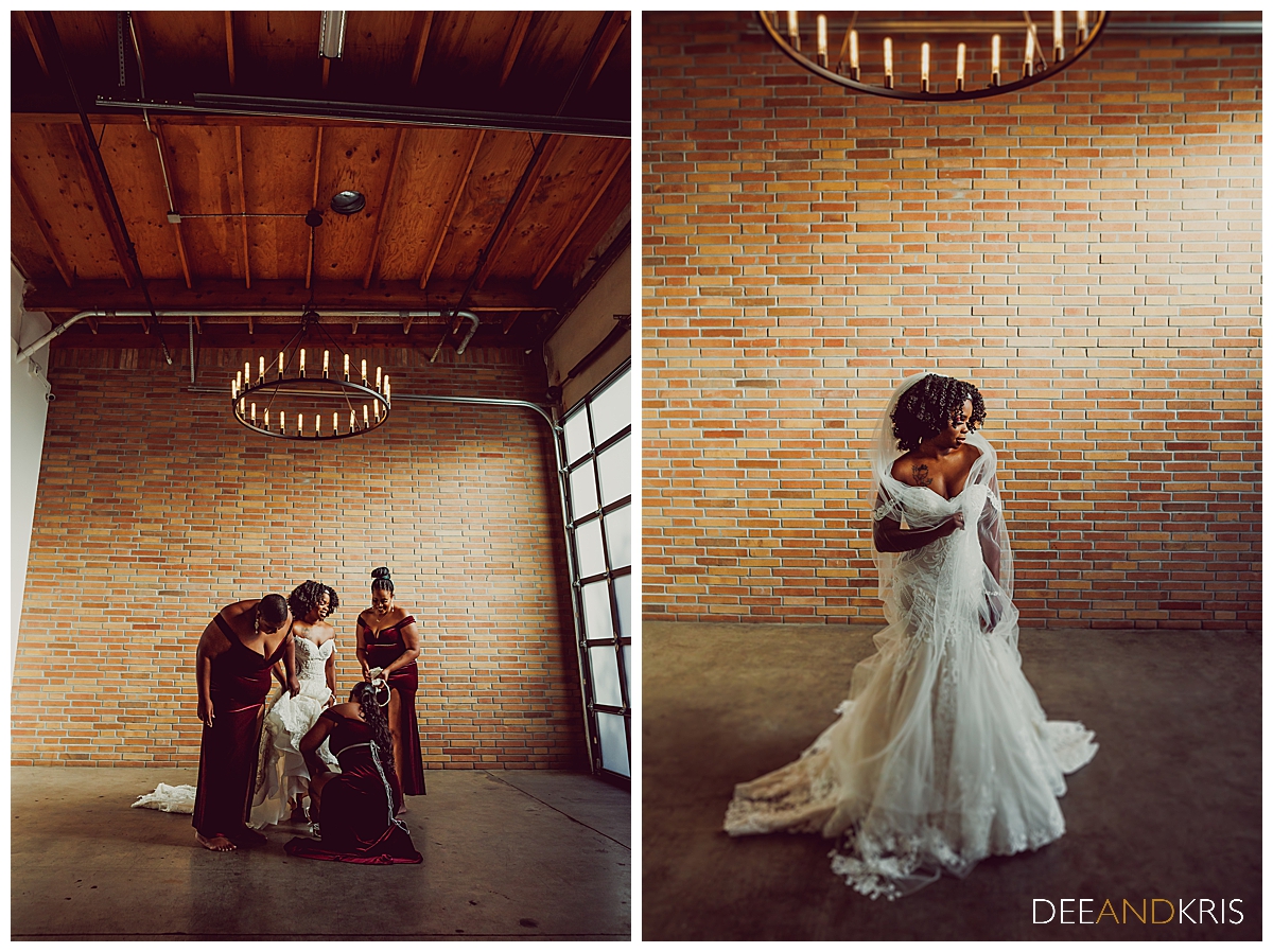 Two images: Left image of bride standing in front of large window as bridesmaids help put her shoes on. Right image of bride standing alone looking down and to the left in front of large window.