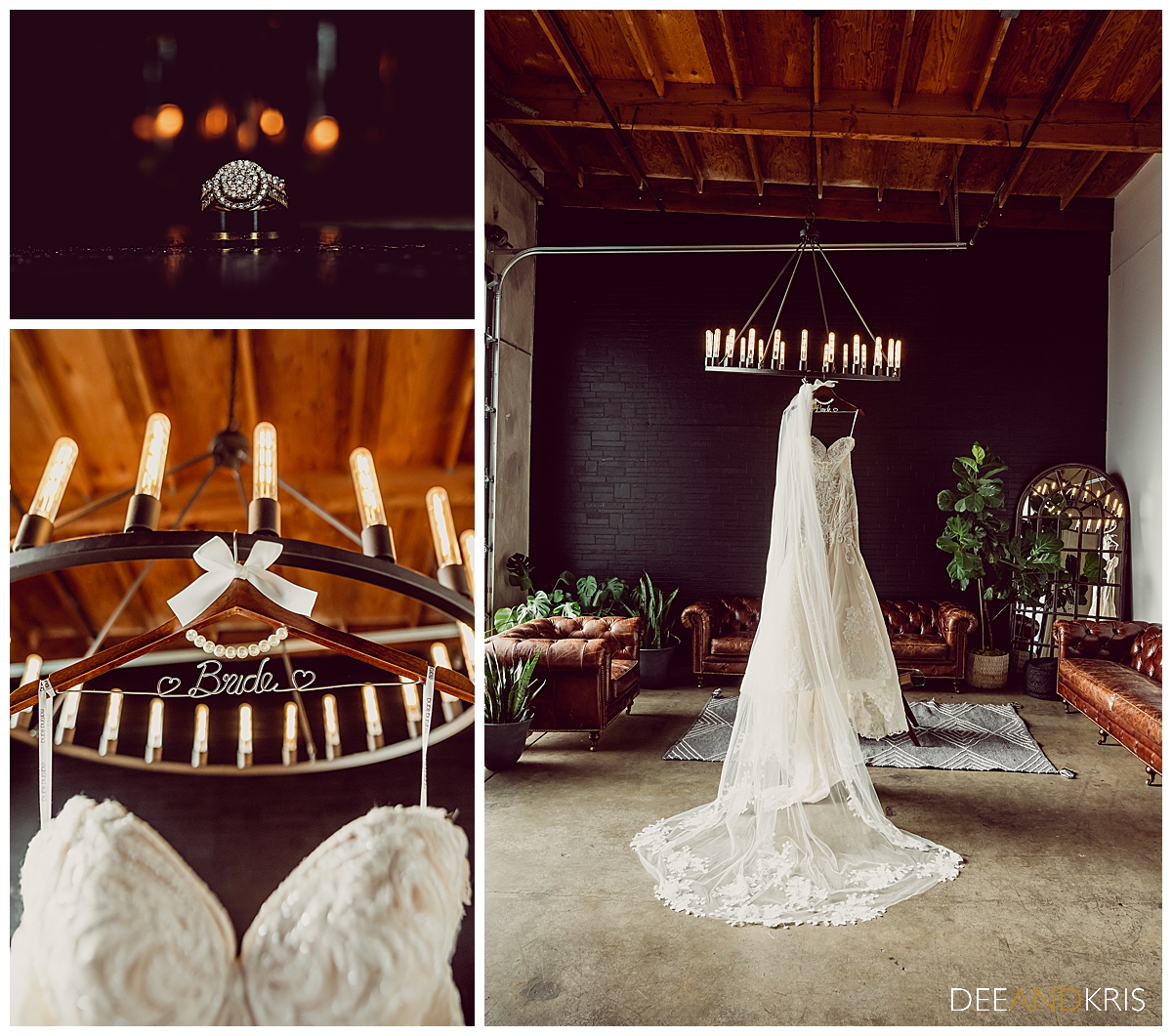 Three images: Top left image of rings stacked on each other with bokehed light in background. Bottom left image of personalized wooden hanger hooked on round chandelier and bustier of wedding gown. Right image of full gown hanging from chandelier.