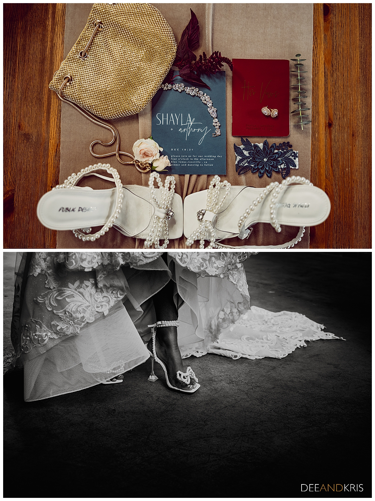 Two images: Top color image layflat set up of wedding details. Bottom black and white image of bride's shoes on her feet.