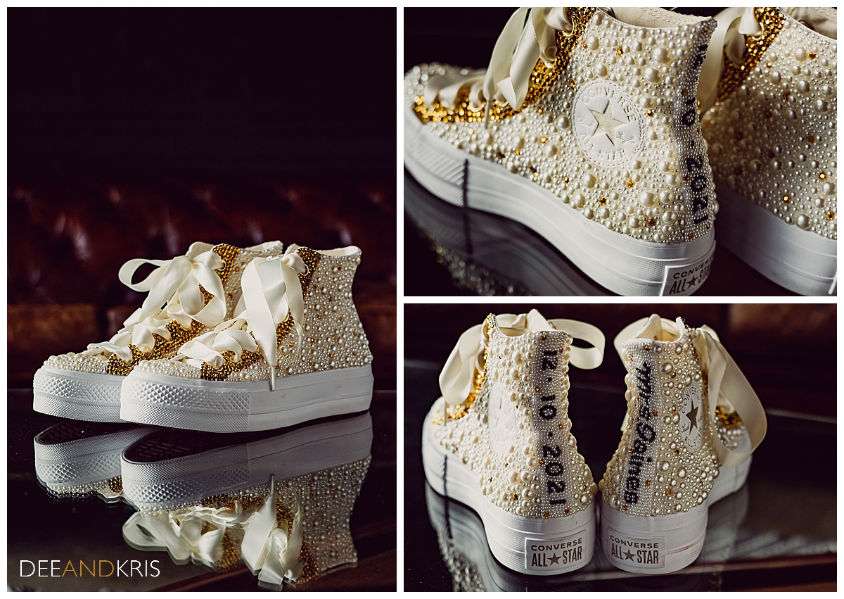Three images of bedazzled converse shoes. from different perspectives.