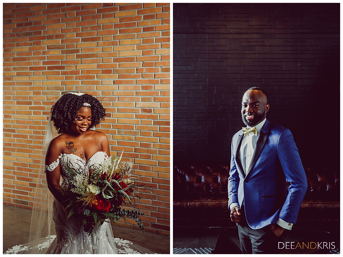 Two images: Left image of bride looking at bouquet while standing just in front of brick wall. Right image of groom looking at camera in split light of window to his right.