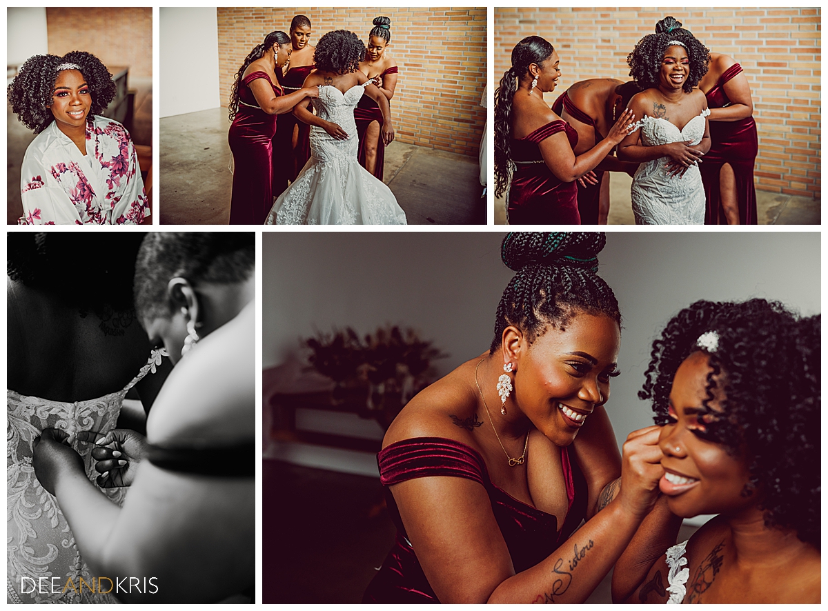 Five images: Top left image of bride in her robe after makeup application. Top middle image of bridesmaids helping bride into dress. Top right image of bride laughing as bridesmaids button her dress. Bottom left black and white image of bridesmaid buttoning dress. Bottom right image of bridesmaid putting on bride's earring. 