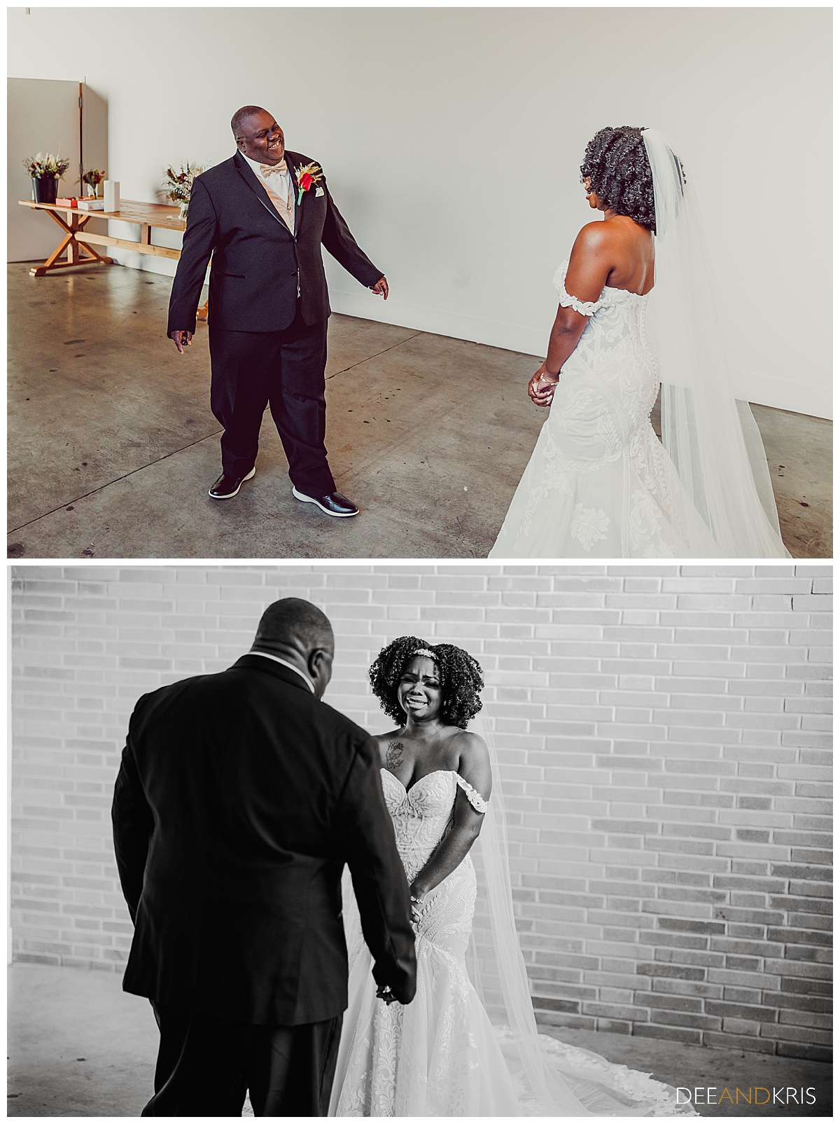 Two images: Top color image of father turning to see bride in her dress. Bottom black and white image of bride tearfully smiling as father sees her for the first time.