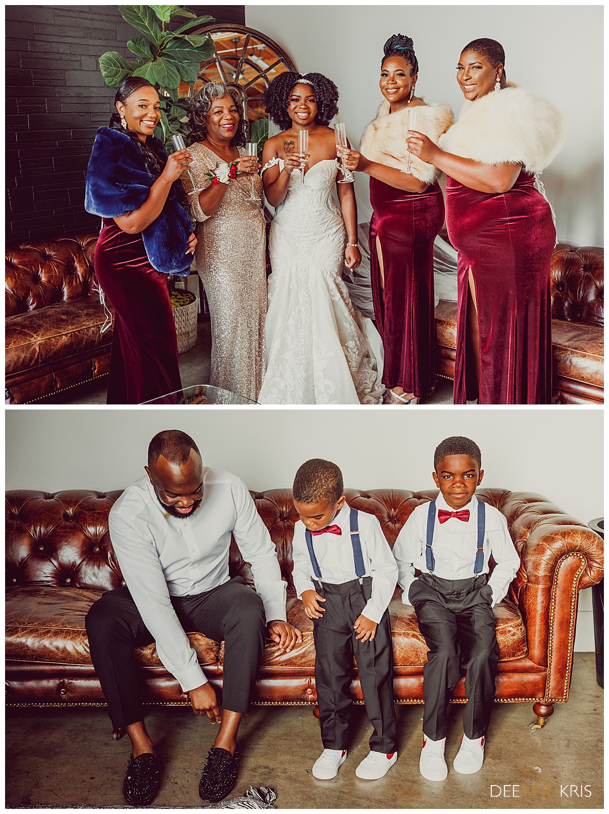 Two images: Top image of bride toasting with bridesmaids. Bottom image of Groom getting dressed with their two sons.