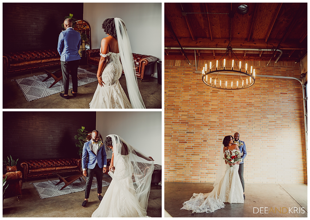 Three images: Top left image of bride approaching groom from behind for first look. Bottom left image of groom turned to see bride for the first look. Right image full length of bride and groom holding each other in window light with chandelier above them.