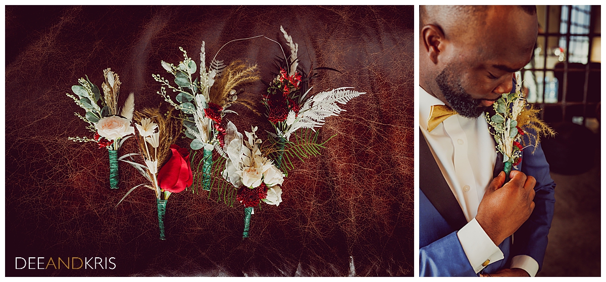 Two images: Left image of boutonnieres lined up. Right image of groom straightening his rose and grass boutonniere. 