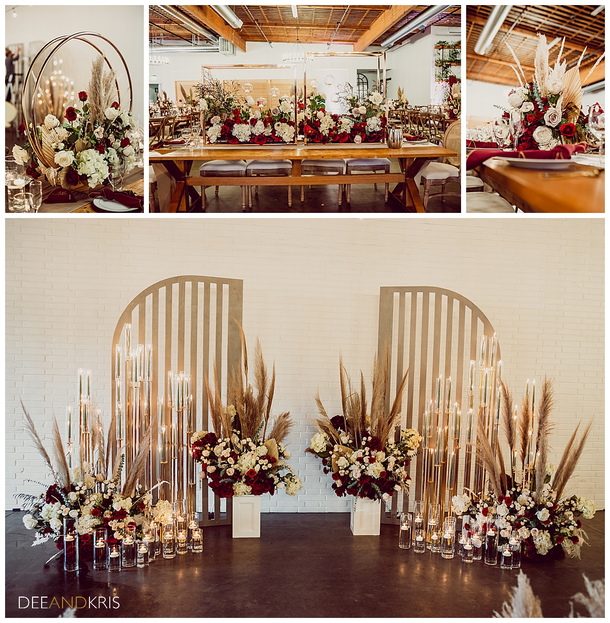 Four images: Tope left image of hoop and flower centerpiece. Top center image of tablescape with flowers and candles. Top right image of flower and dried grass centerpiece. Bottom image of wedding altar decorated with lights, flowers, and candles.