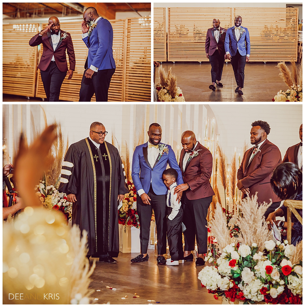 Three images: Top left image of Groom and best man saluting each other. Top right image of groom and best man walking down the aisle. Bottom image of groom standing at altar hugging ring bearer son with preacher and groomsmen looking on.