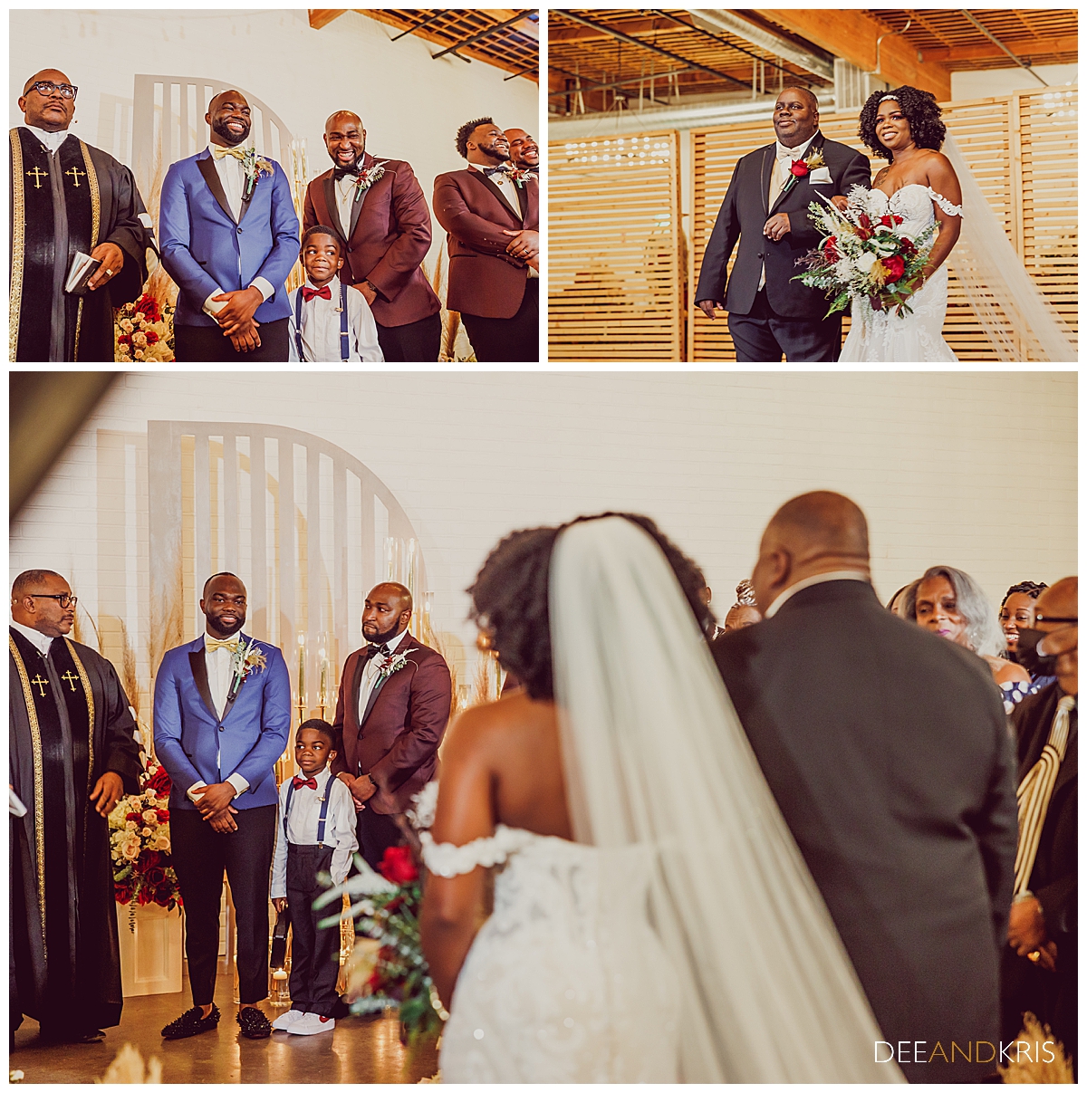 Three images: Top left image of Groom with groomsmen smiling. Top right image of Father and bride starting processional. Bottom image of groom watching bride walk toward him down the aisle.