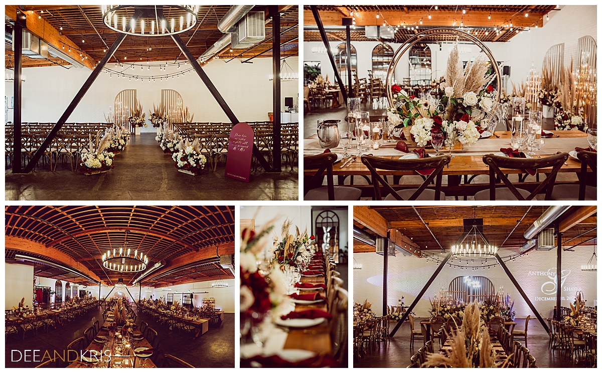 Five images: Top left pullback image of full venue during ceremony. Top right image of hoop and floral centerpiece. Bottom left image of venue switched to reception. Bottom center point of view image of table settings. Bottom right image of venue from other side perspective.