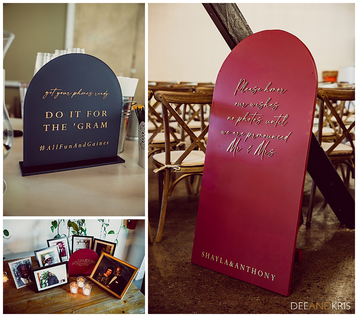 Three images: Tope left image of sign for Instagram photos with couple's hashtag. Bottom left image of memorial table with pictures of loved ones. Right image of seating sign,