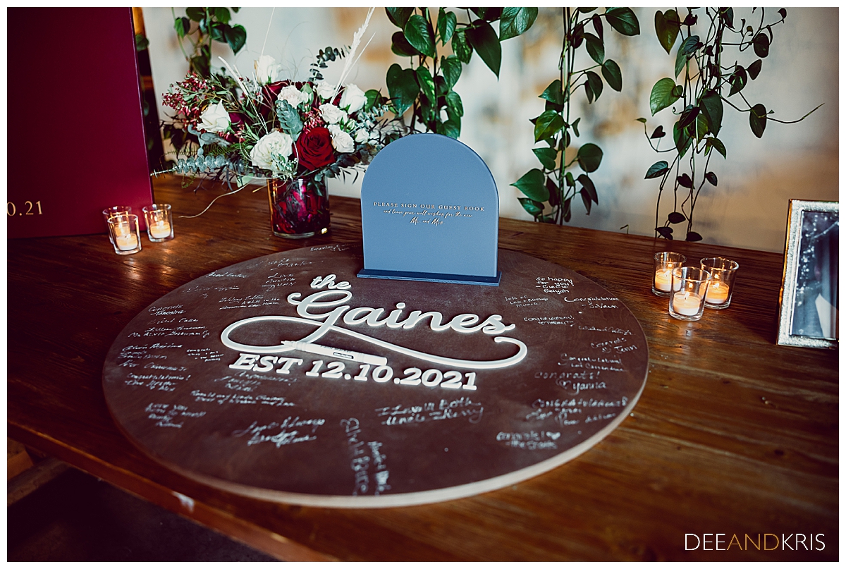Single image of personalized sign in board with guest signatures written on it.
